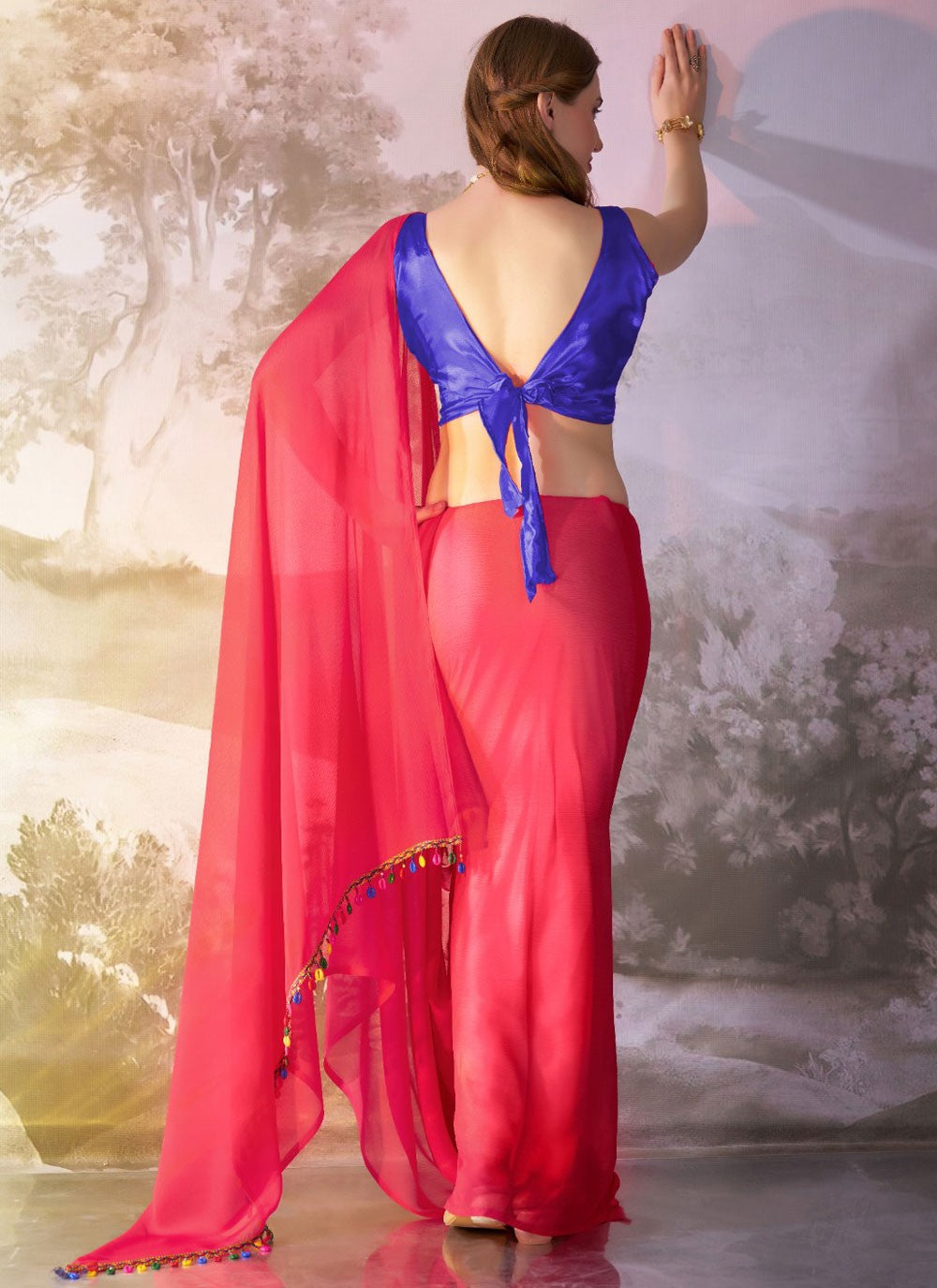 Designer Border Work Pink Chiffon Saree S13568