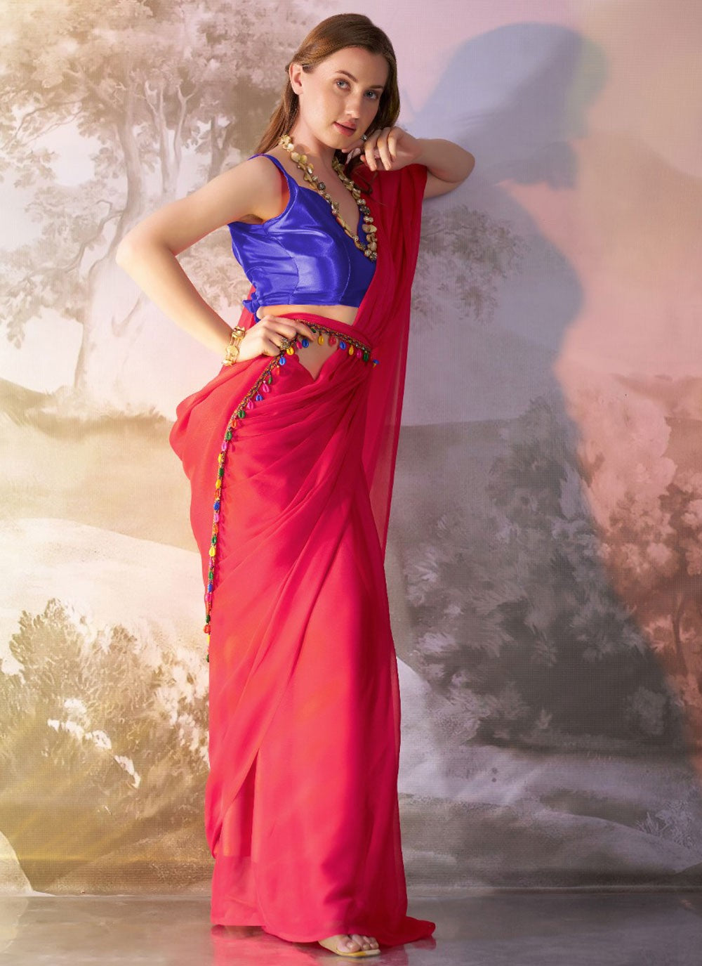 Designer Border Work Pink Chiffon Saree S13568