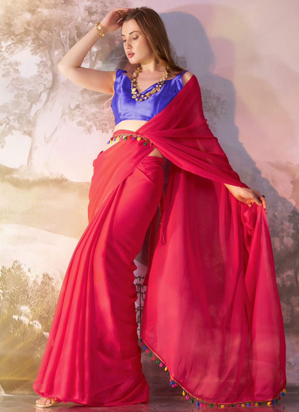Designer Border Work Pink Chiffon Saree S13568