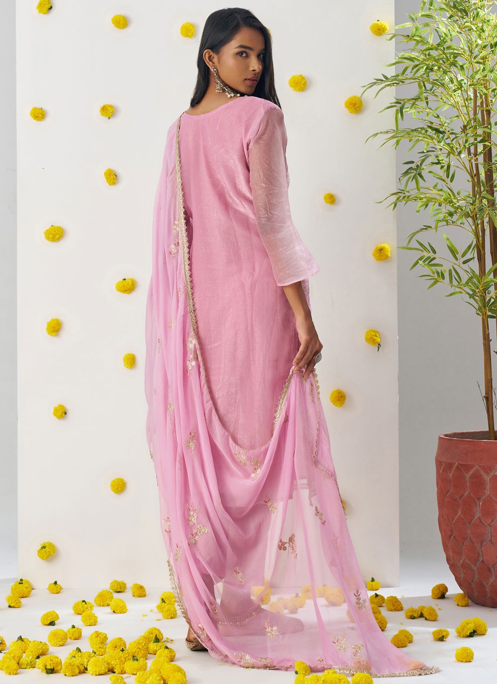 Pant Style Suit Embroidered, Stones, Zari Pink T6967