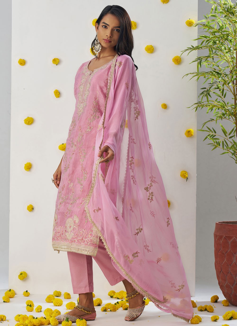 Pant Style Suit Embroidered, Stones, Zari Pink T6967