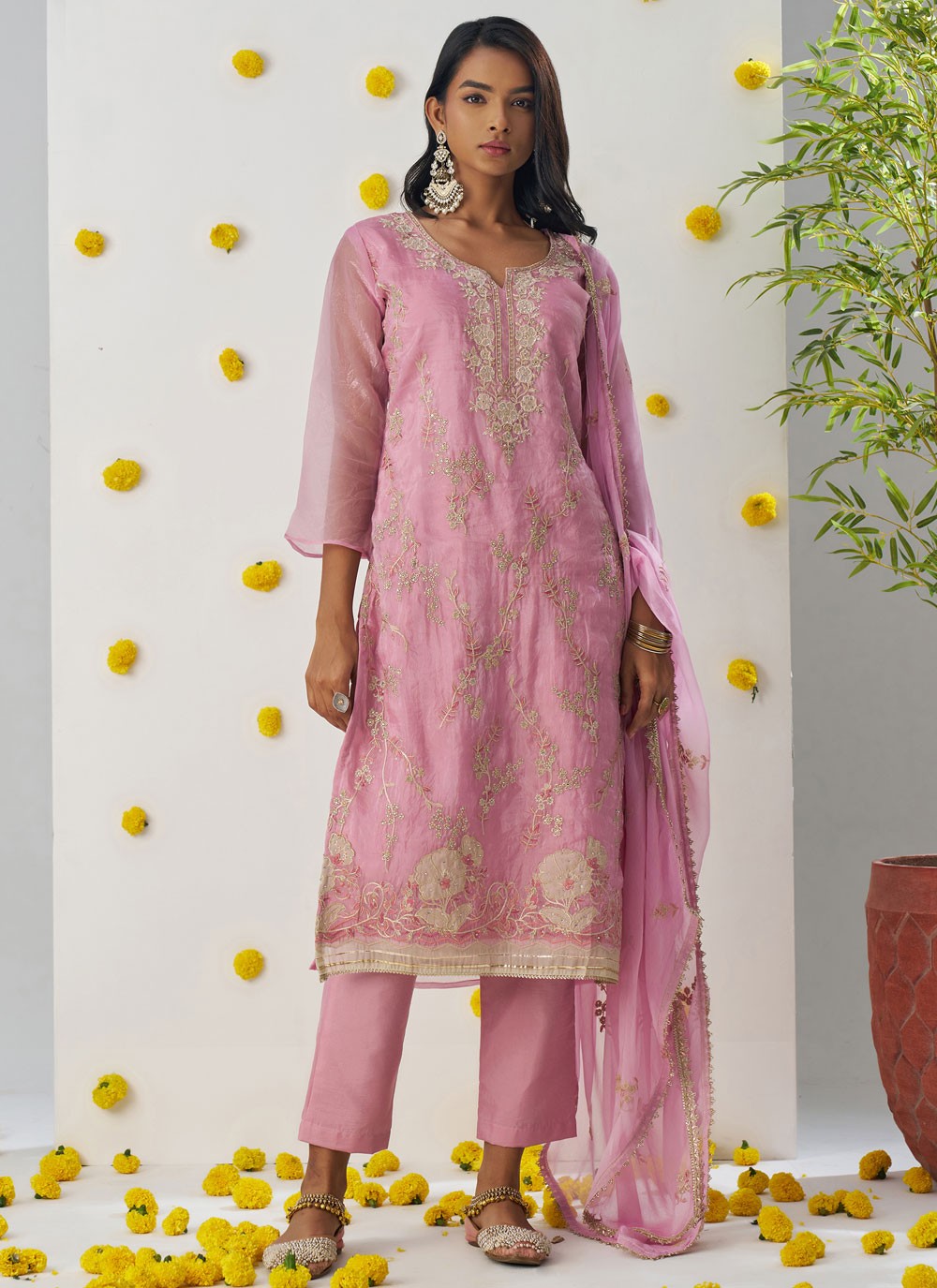 Pant Style Suit Embroidered, Stones, Zari Pink T6967