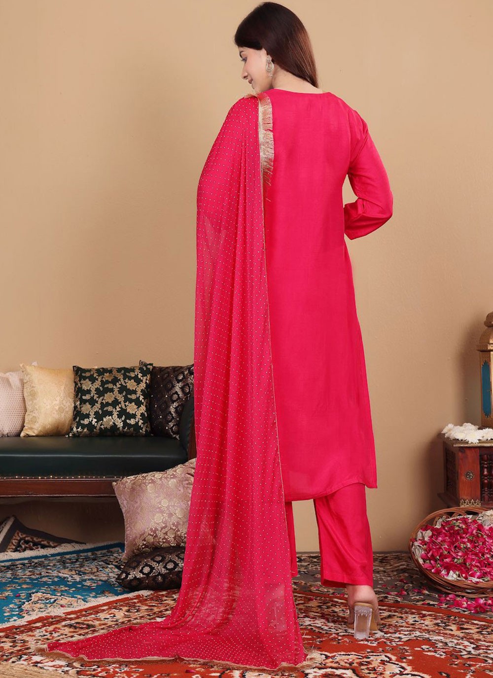 Salwar Suit Embroidered Pink Silk T5640