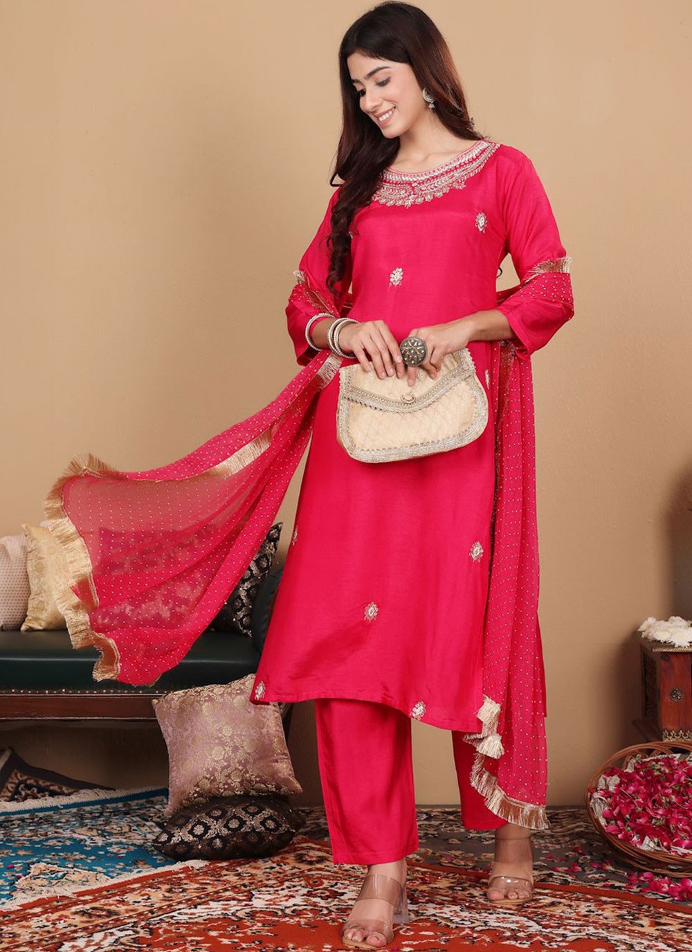 Salwar Suit Embroidered Pink Silk T5640