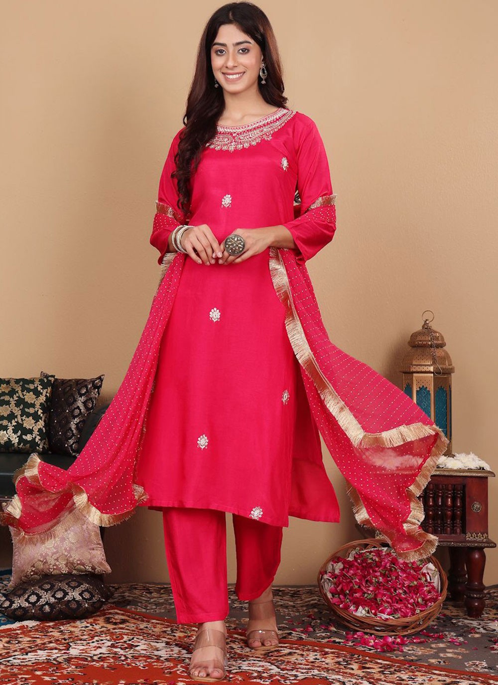 Salwar Suit Embroidered Pink Silk T5640