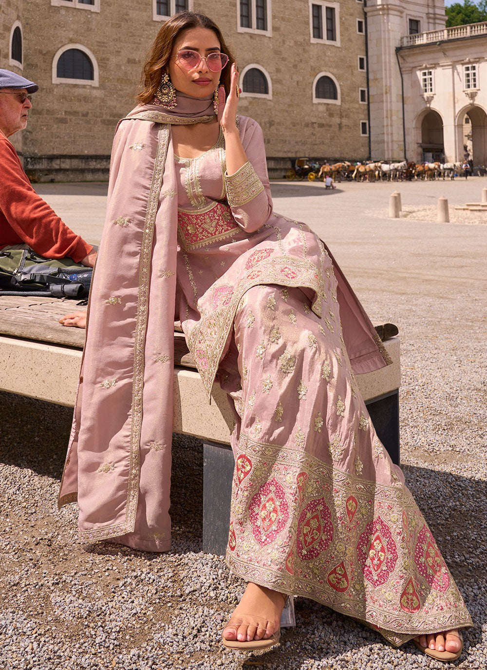 Palazzo Suit Embroidered Pink T8903