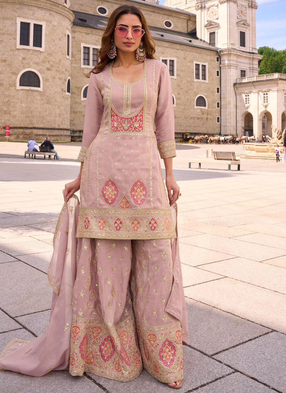 Palazzo Suit Embroidered Pink T8903