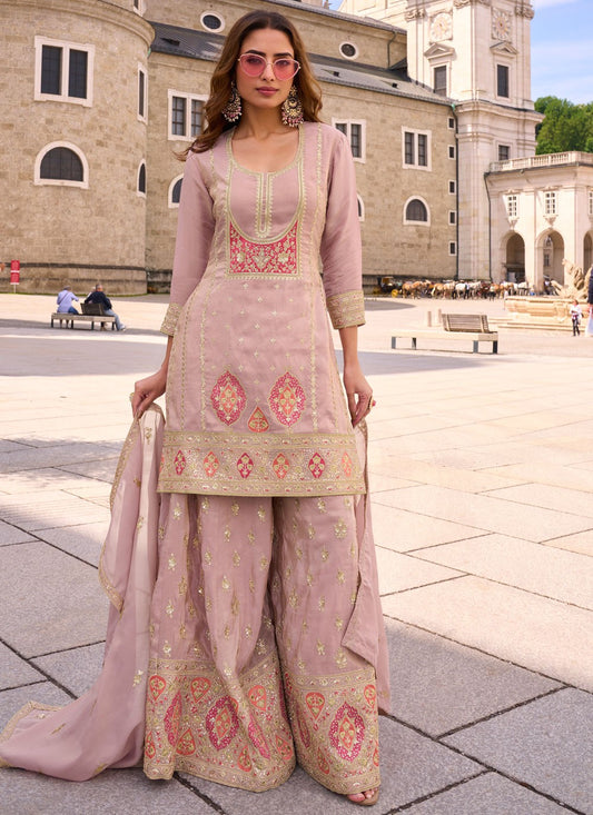Palazzo Suit Embroidered Pink T8903
