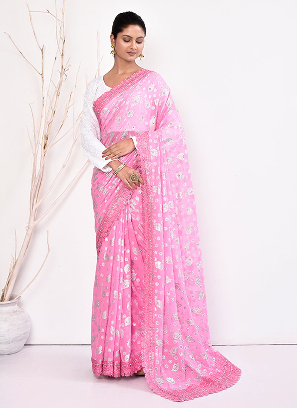 Contemporary Hand Embroidery Georgette Saree - S5499