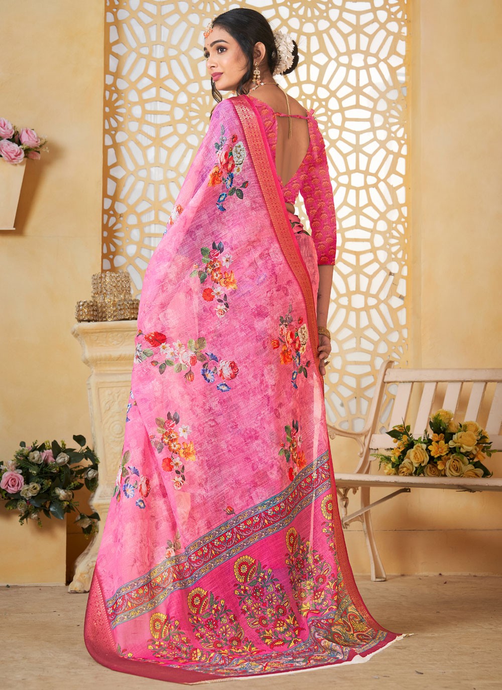 Digital Print Linen Pink Saree S14711