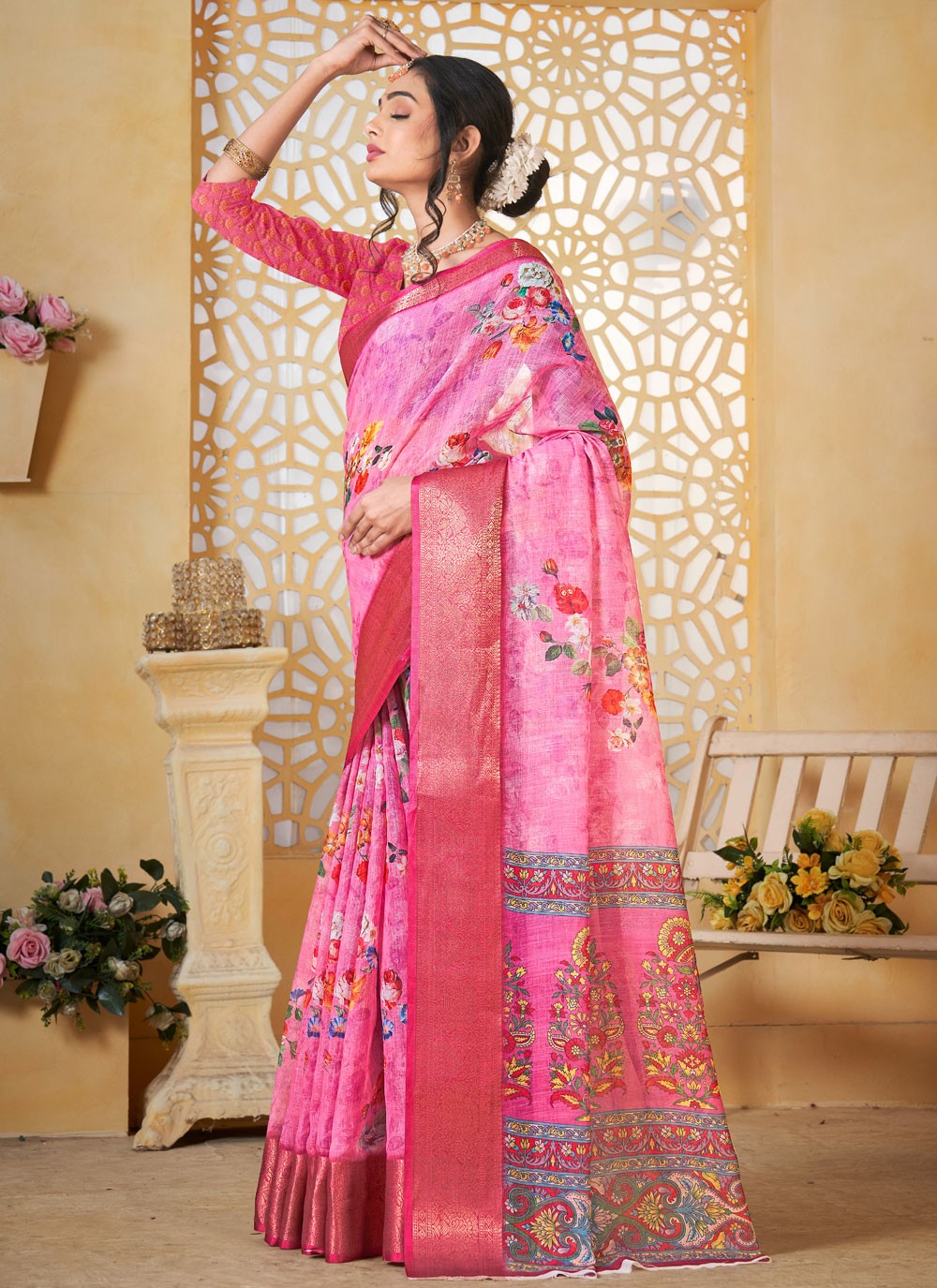 Digital Print Linen Pink Saree S14711