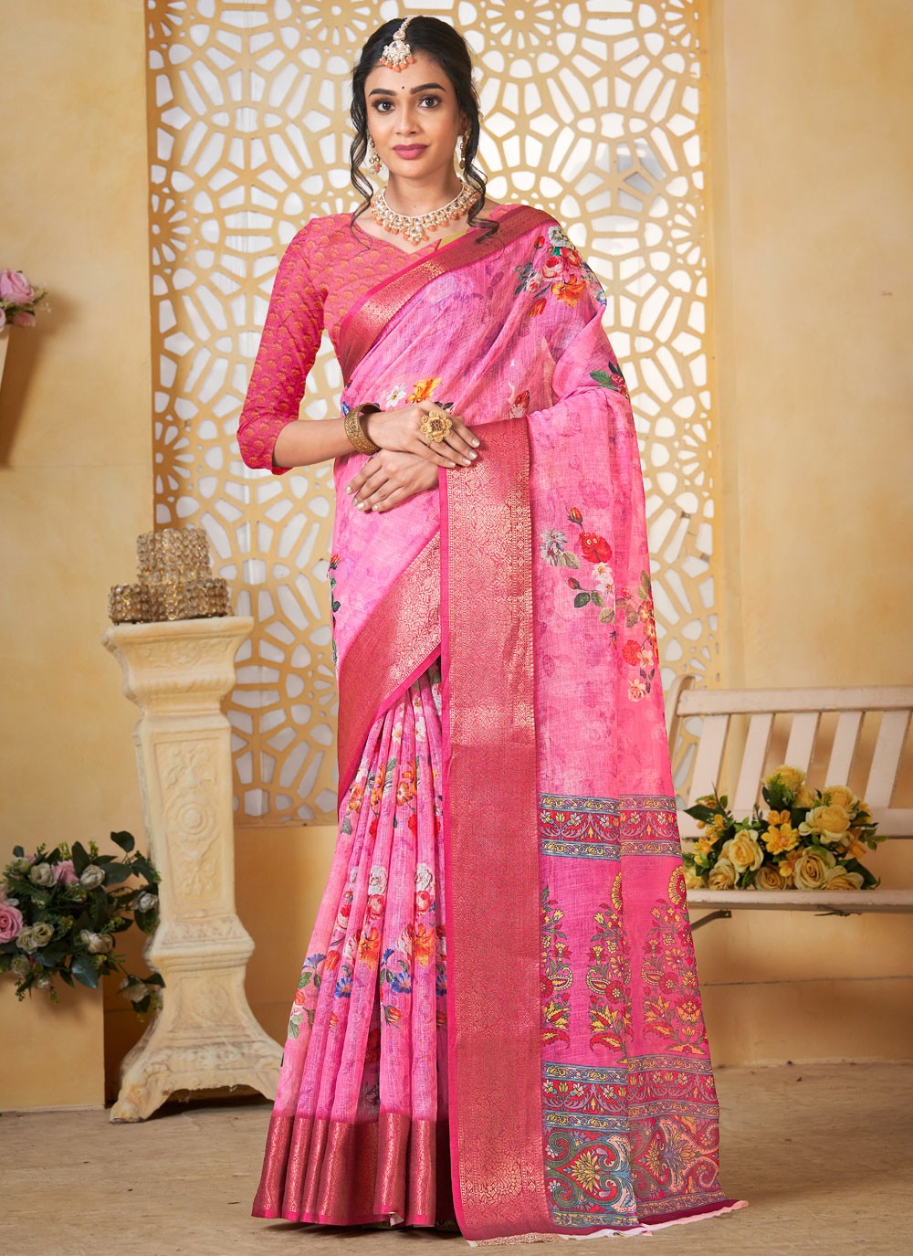 Digital Print Linen Pink Saree S14711