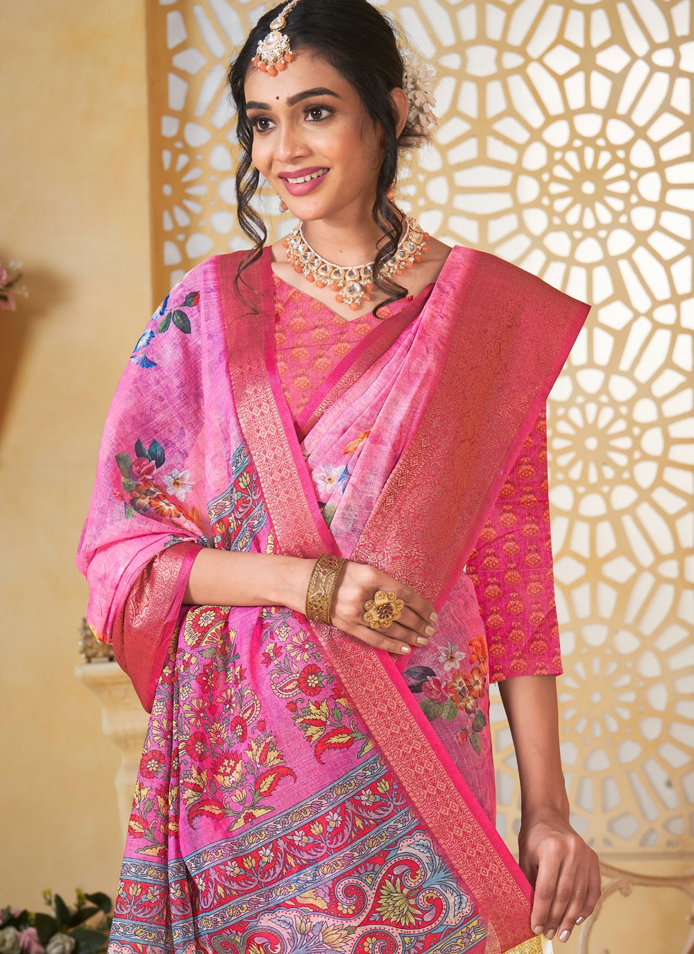 Digital Print Linen Pink Saree S14711