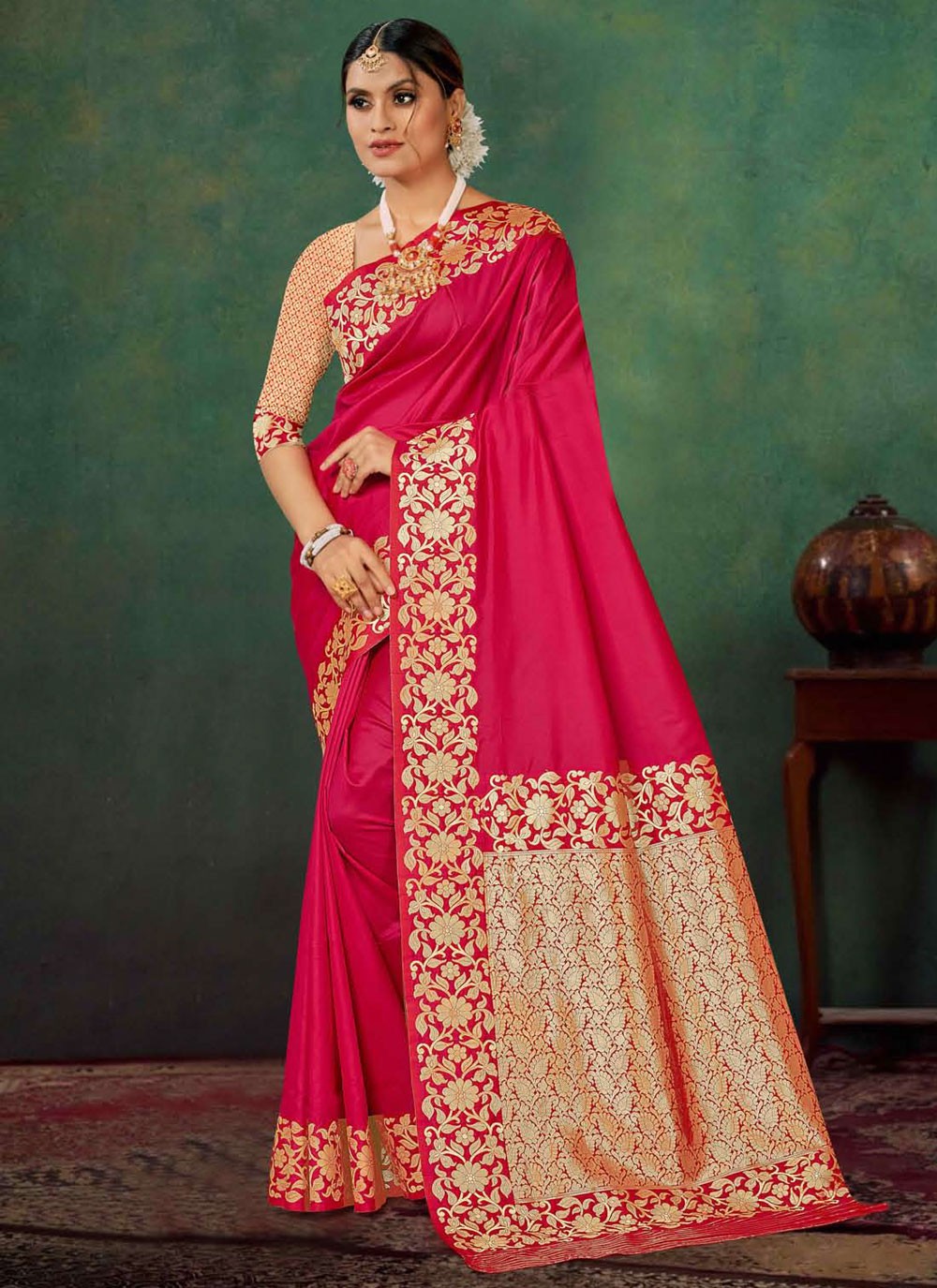 Traditional Jacquard Work Pink Silk S12889