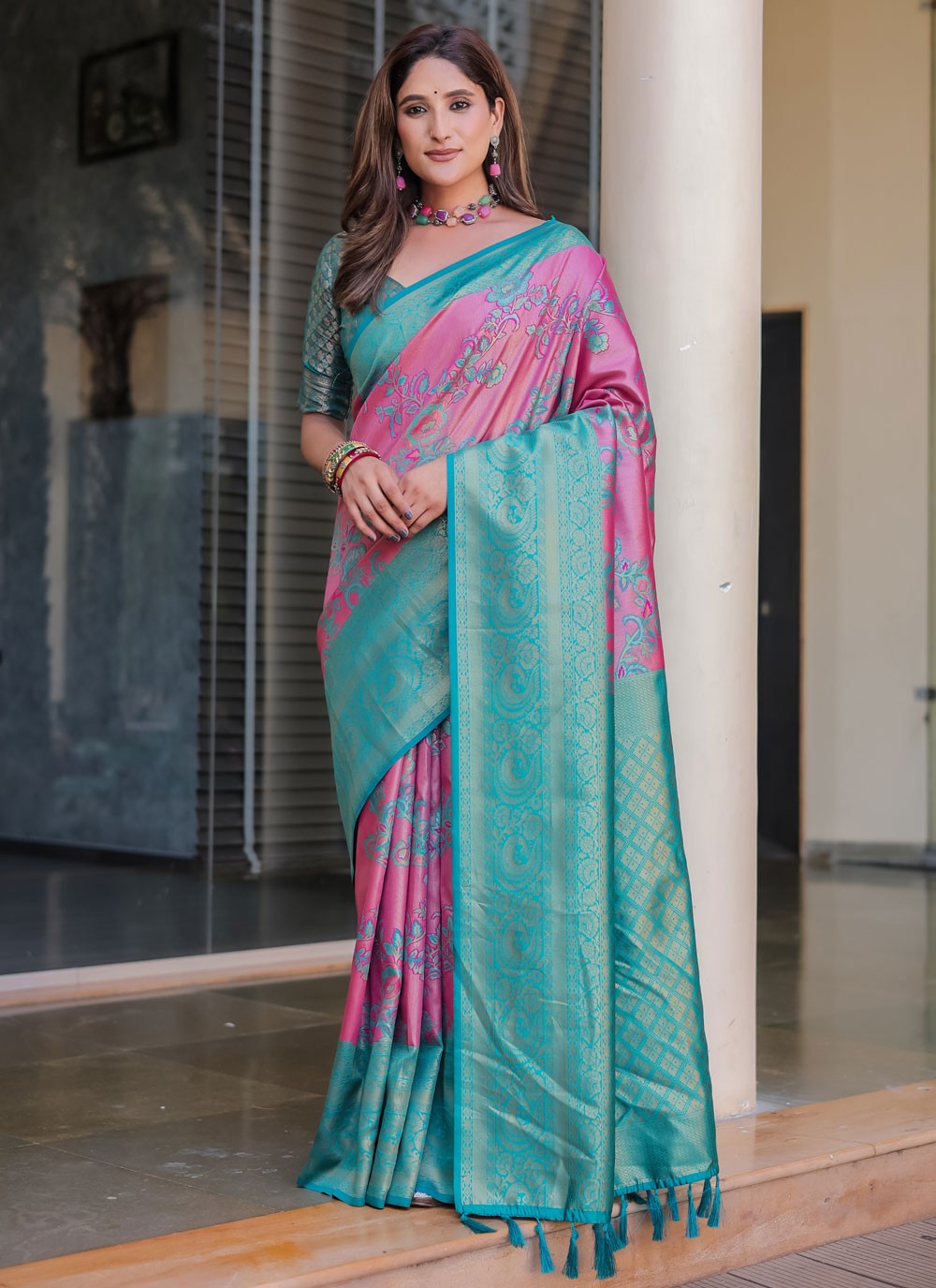 Designer Woven Pink Malbari Silk S12350