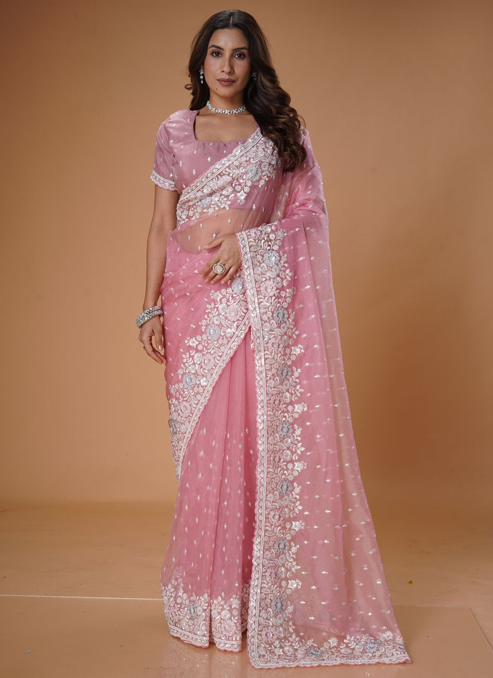Embroidered Organza Pink Classic Saree S15479