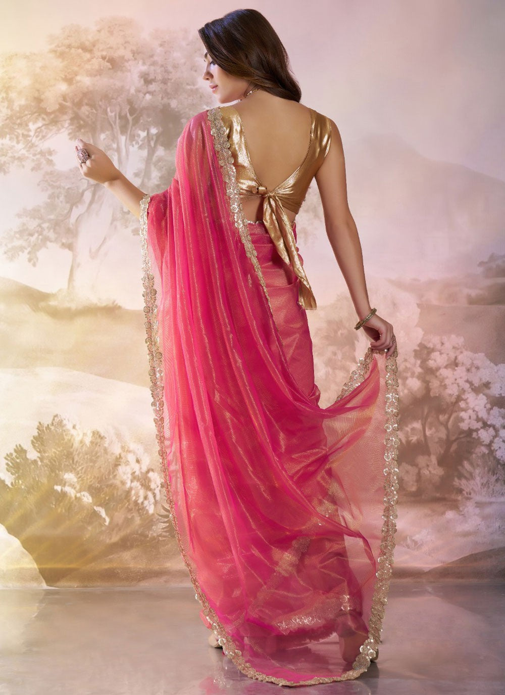 Trendy Saree Border Work Pink Net Saree S13528