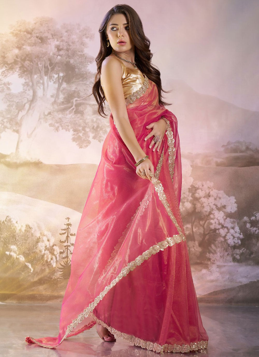 Trendy Saree Border Work Pink Net Saree S13528