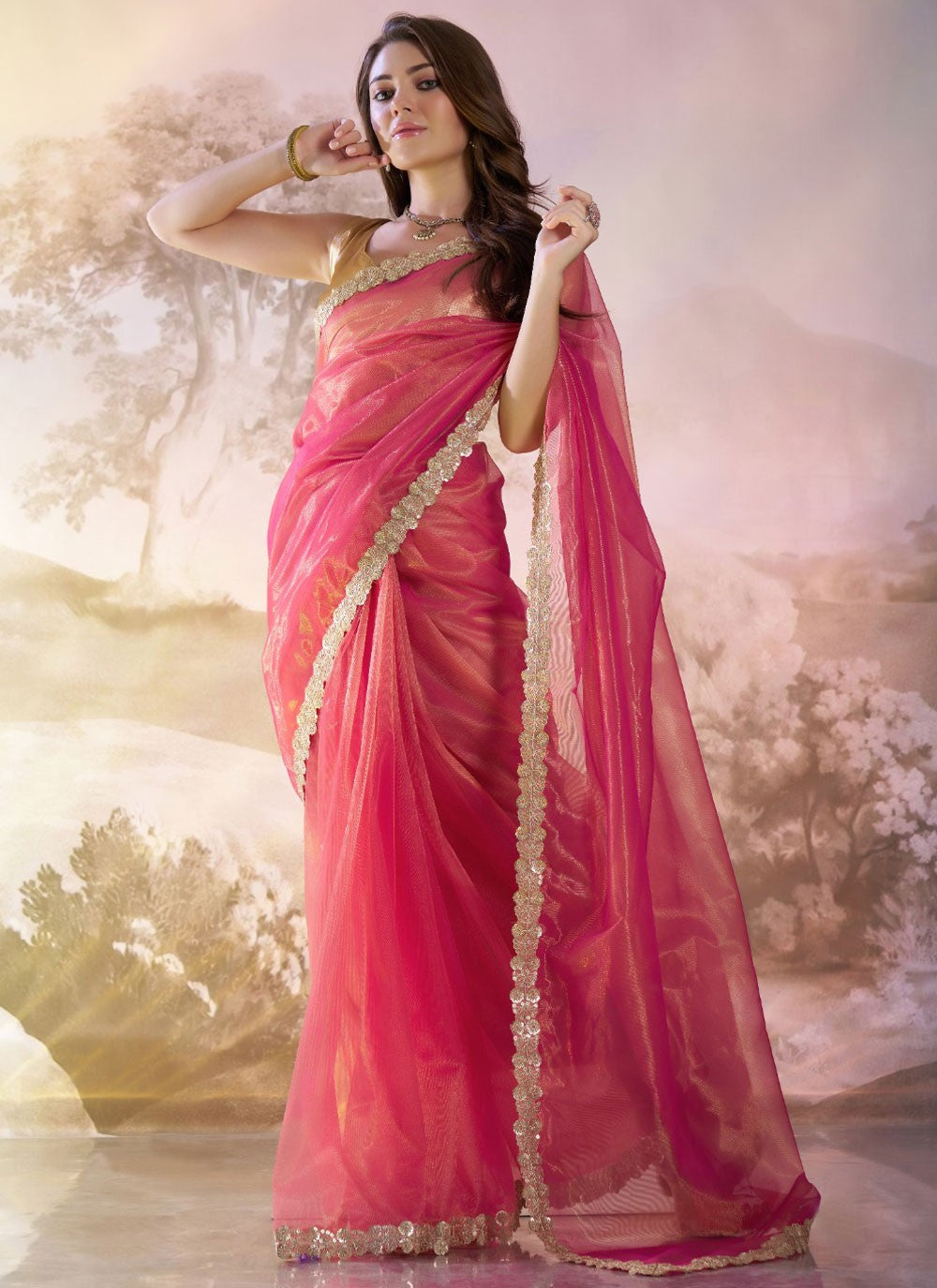 Trendy Saree Border Work Pink Net Saree S13528