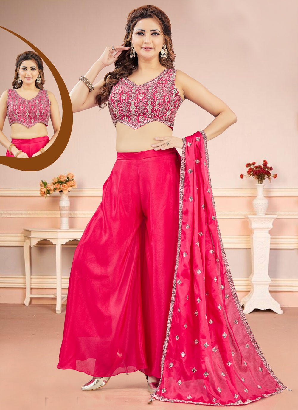 Salwar Suit Embroidered Pink Silk T5809