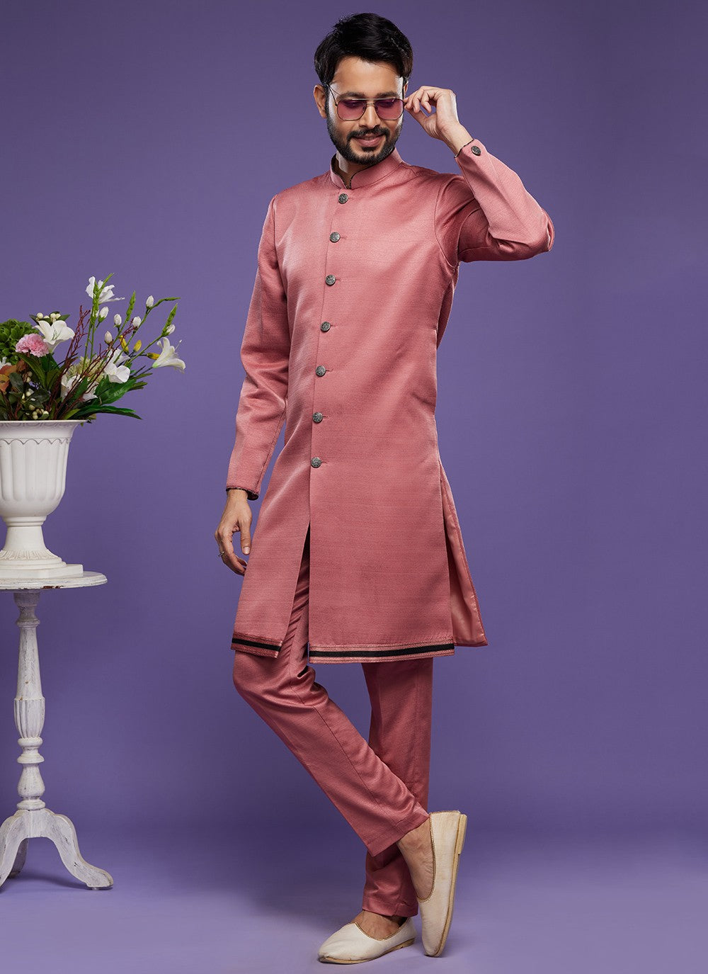 Thread Banarasi Silk Pink Indo Western - M6046