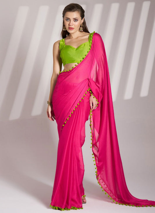Trendy Saree Border Work Pink Chiffon Saree S13594