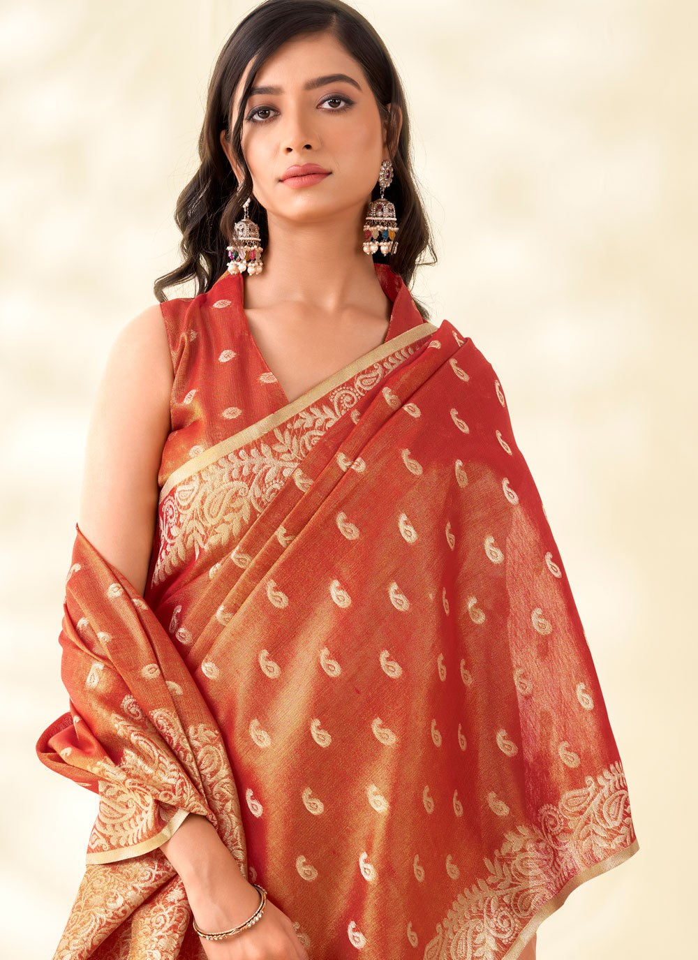 Rust Silk Classic Saree Buttis, Weaving Zari, Zari S17896