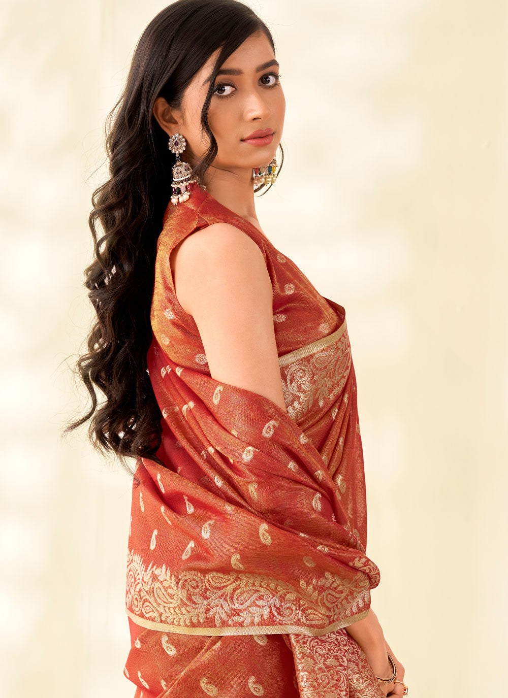 Rust Silk Classic Saree Buttis, Weaving Zari, Zari S17896