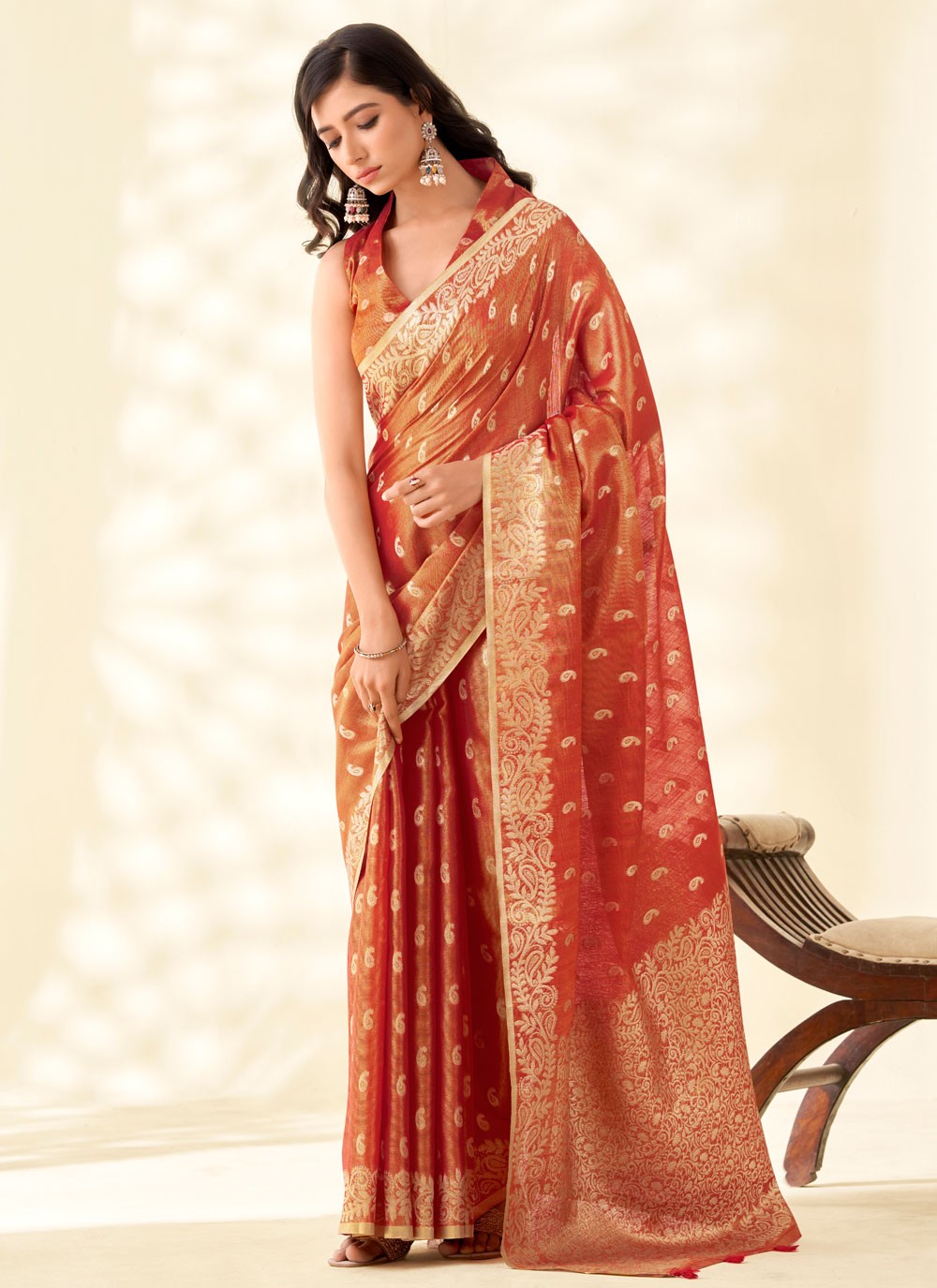 Rust Silk Classic Saree Buttis, Weaving Zari, Zari S17896