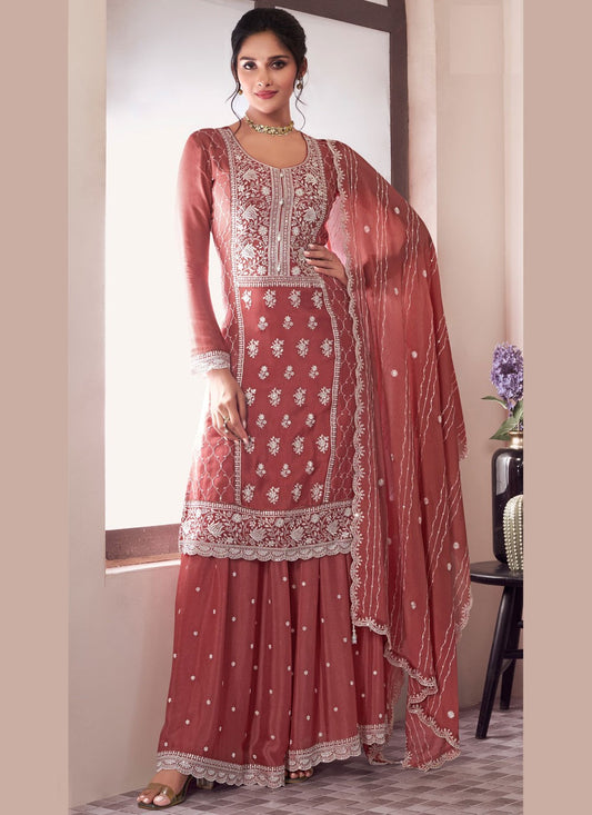 Sharara Suit Embroidered, Thread Rust T7060