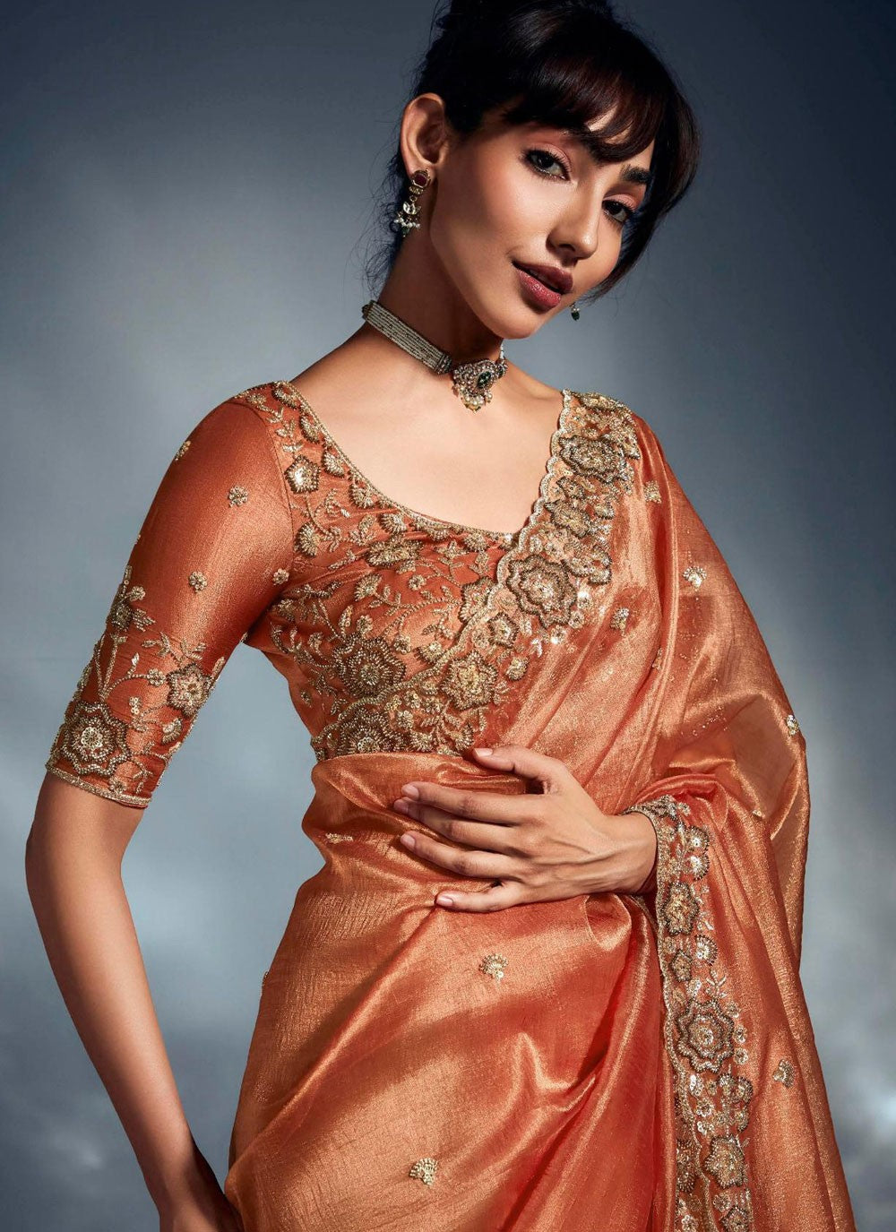 Rust Fancy Fabric Classic Saree Cut Work, Embroidered, Khatli Work, Sequins, Zari S19057