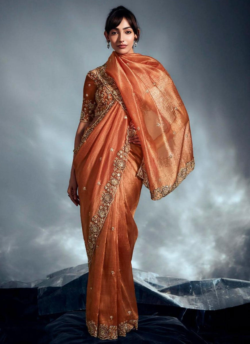 Rust Fancy Fabric Classic Saree Cut Work, Embroidered, Khatli Work, Sequins, Zari S19057