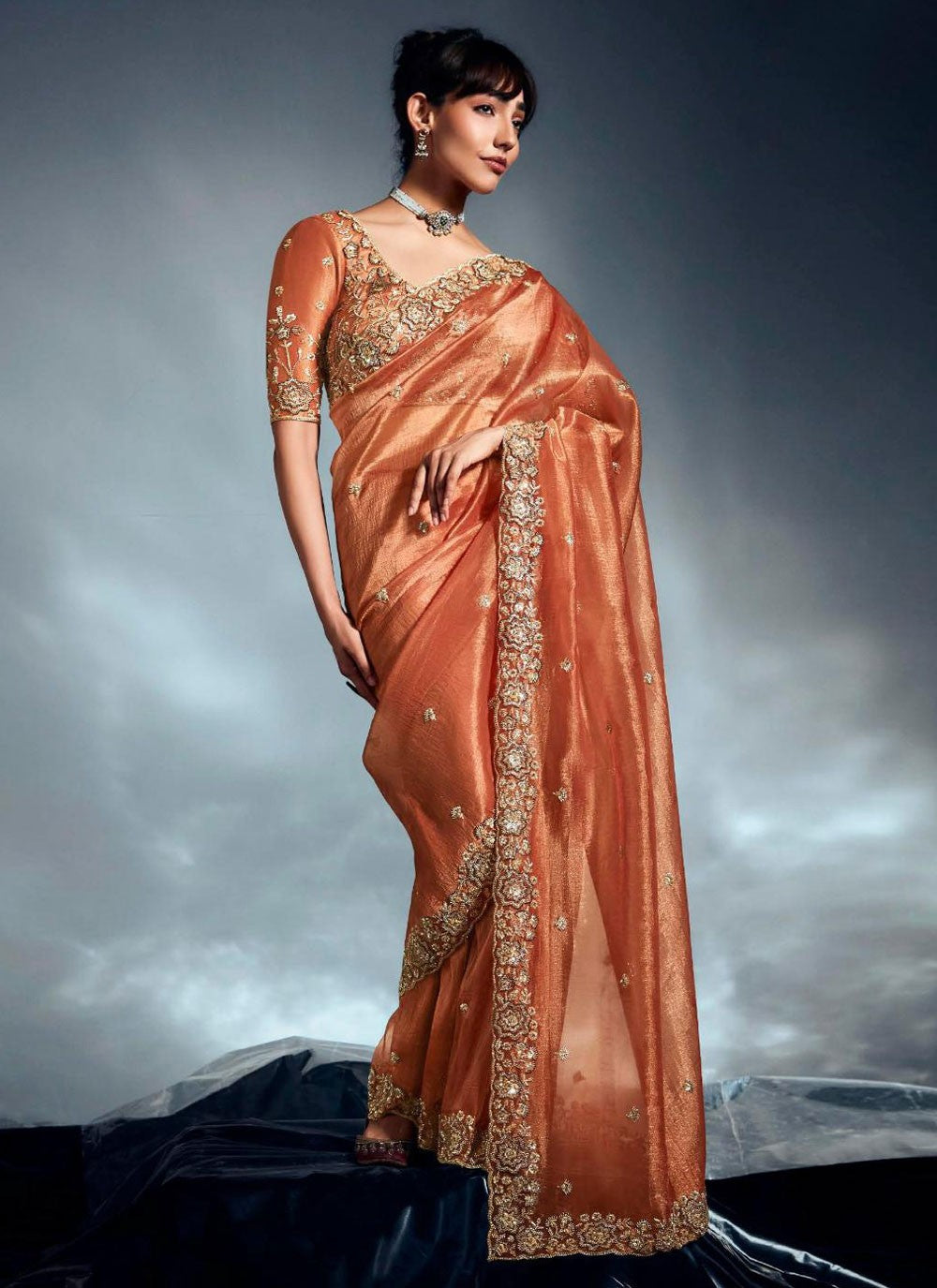 Rust Fancy Fabric Classic Saree Cut Work, Embroidered, Khatli Work, Sequins, Zari S19057