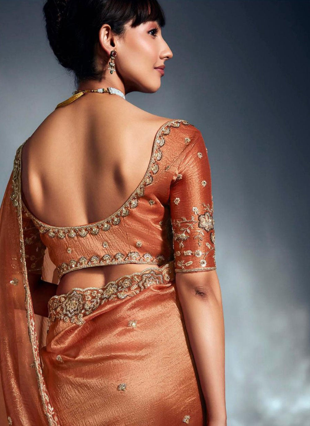 Rust Fancy Fabric Classic Saree Cut Work, Embroidered, Khatli Work, Sequins, Zari S19057