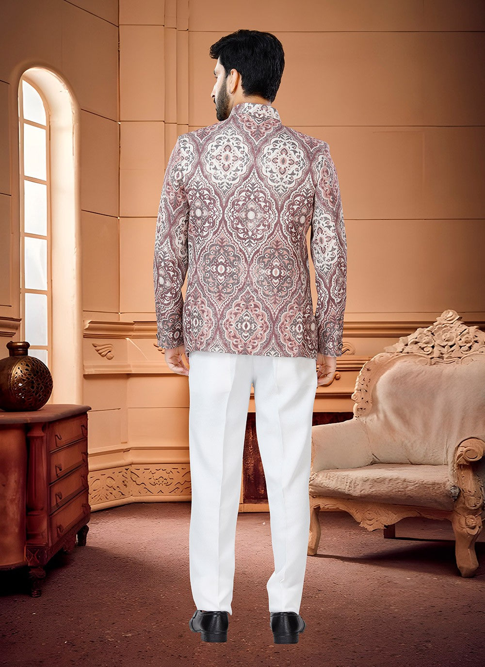 Printed Jacquard Rust Jodhpuri Suit - M4338