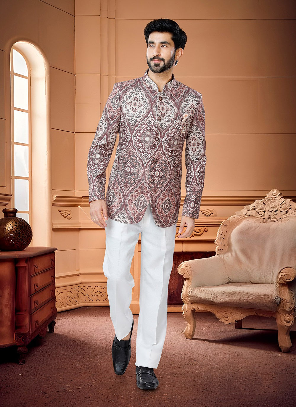 Printed Jacquard Rust Jodhpuri Suit - M4338