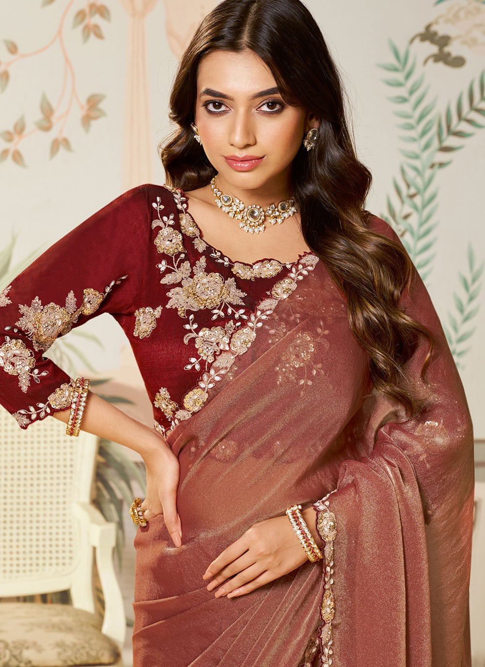 Rust Organza Traditional Saree Embroidered, Sequins S19830