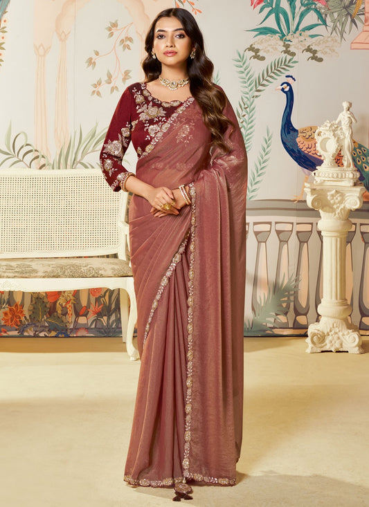 Rust Organza Traditional Saree Embroidered, Sequins S19830