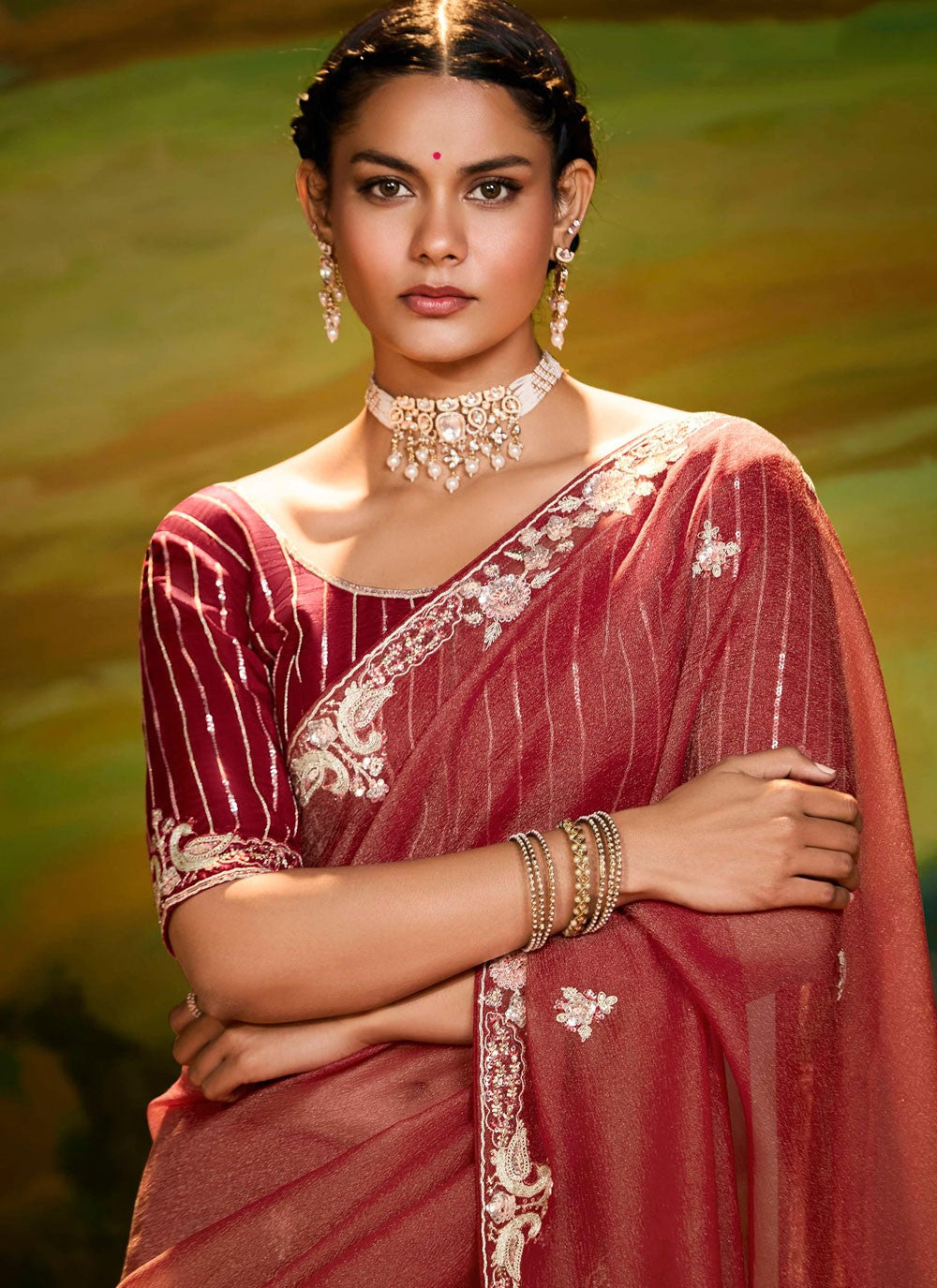 Embroidered Fancy Fabric Rust Classic Saree S15252