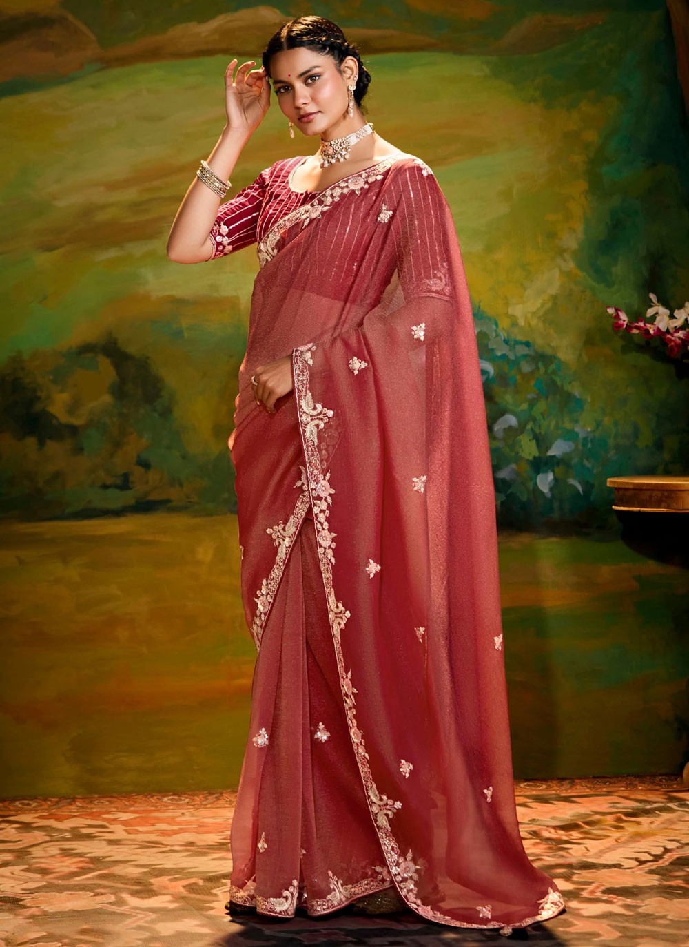 Embroidered Fancy Fabric Rust Classic Saree S15252