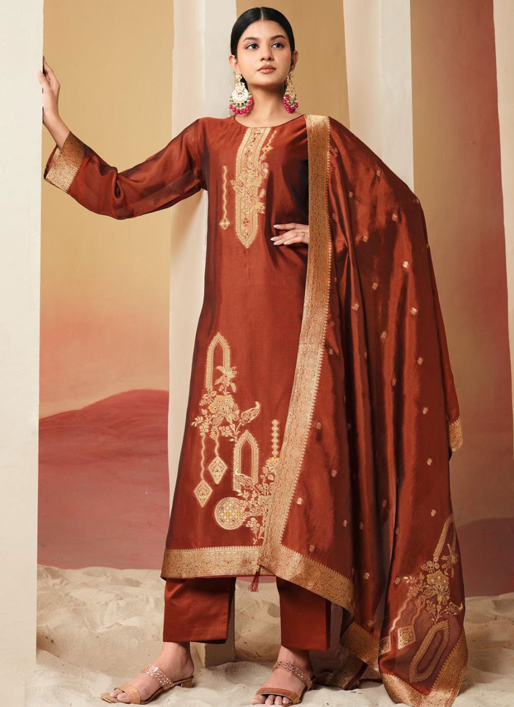 Floral Printed Pure Silk Rust Pant Style Suit T6617