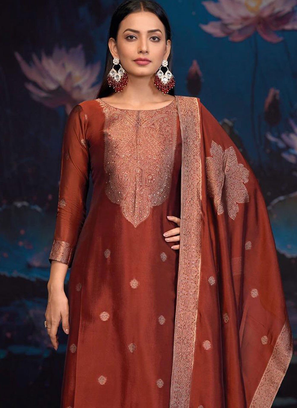 Weaving Zari Silk Rust Pant Style Suit T6571