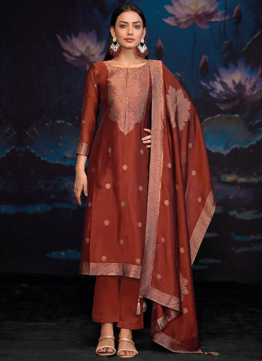 Weaving Zari Silk Rust Pant Style Suit T6571