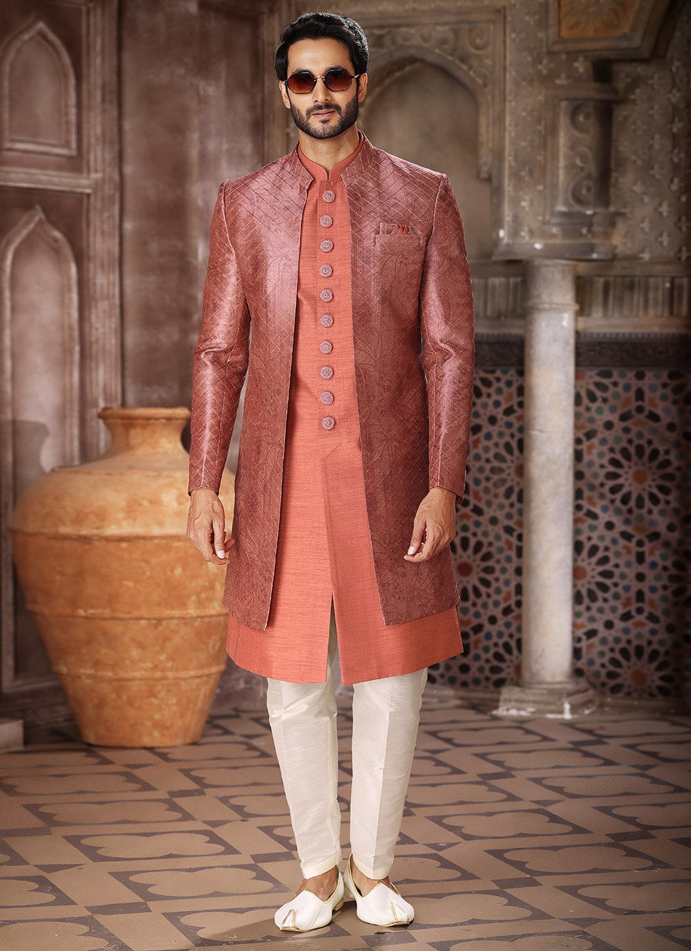 Embroidered Art Silk Rust Indo Western - M5266