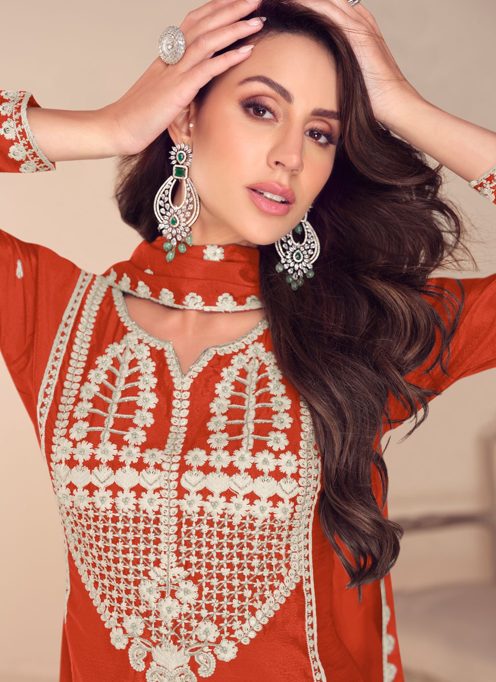 Embroidered Chinon Rust Salwar Suit T6019