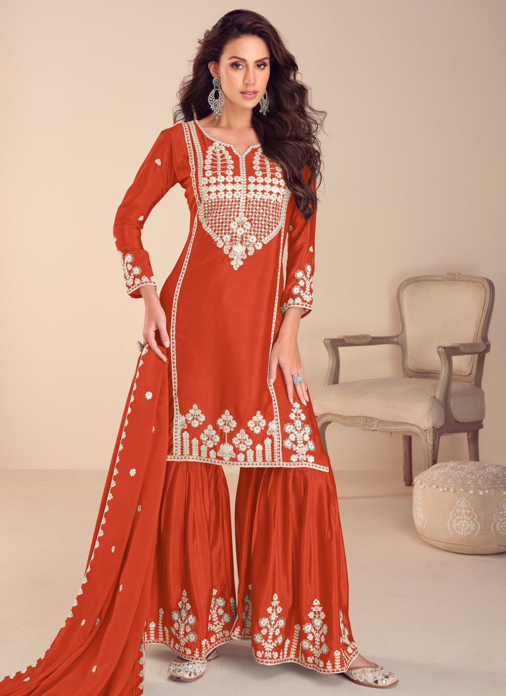 Embroidered Chinon Rust Salwar Suit T6019