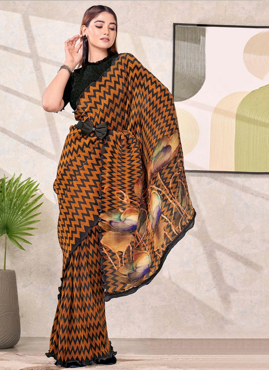 Rust Satin Silk Contemporary Saree Abstract Print S19179