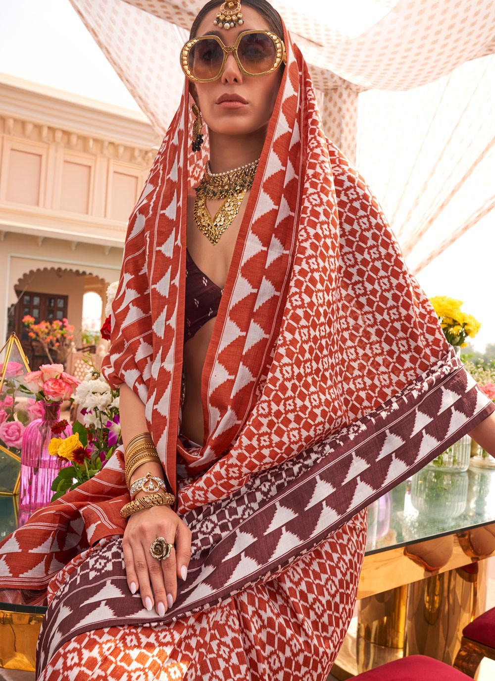 Contemporary Geometric Print Rust Silk S12558
