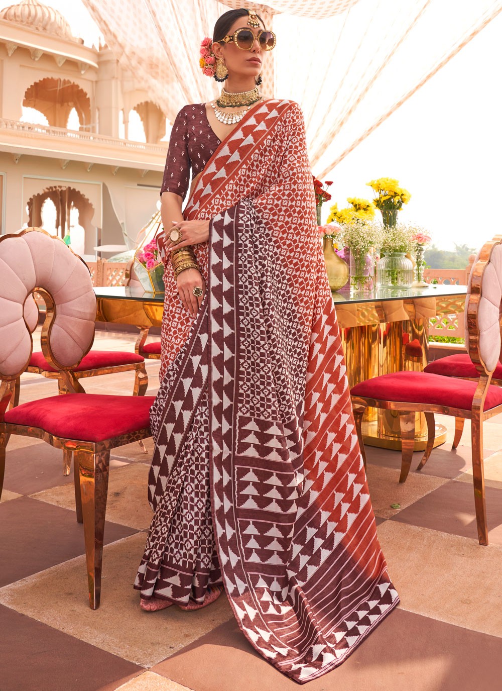 Contemporary Geometric Print Rust Silk S12558