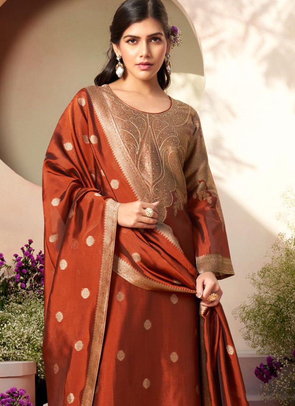 Crystals Silk Rust Salwar Suit T6588